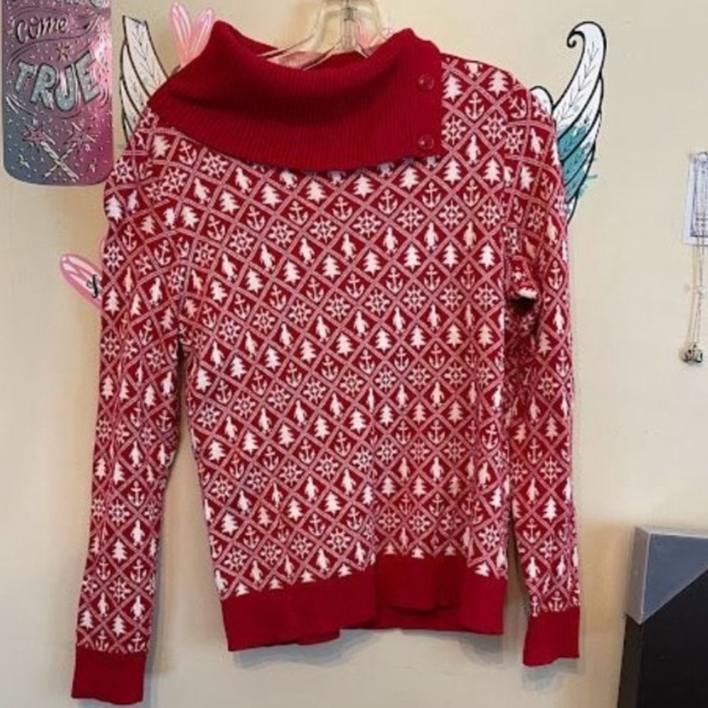 Talbots Red and White Cowl Neck Patterned Sweater